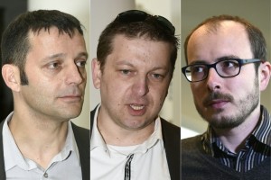 (COMBO) This combination of pictures created on April 26, 2016 shows (L to R) French journalist Edouard Perrin, former employees at services firm PricewaterhouseCoopers (PwC), Raphael Halet and Antoine Deltour, at the courthouse in Luxembourg, for a trial over the so-called LuxLeaks scandal that exposed the country's huge tax breaks for major international companies, with the issue riding high after the recent Panama Papers revelations. Three men went on trial in Luxembourg on April 26, 2016 accused of a huge document leak that exposed tax breaks for major global companies, in an issue brought sharply into focus by the Panama Papers scandal. Antoine Deltour and Raphael Halet, two former employees at services firm PricewaterhouseCoopers (PwC), and French journalist Edouard Perrin face charges over the theft of thousands of confidential files in the so-called LuxLeaks scandal. / AFP PHOTO / JOHN THYS