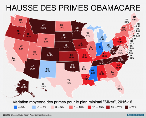 Carte par Etat de la hausse des primes Obamacare (source : Business Insider)